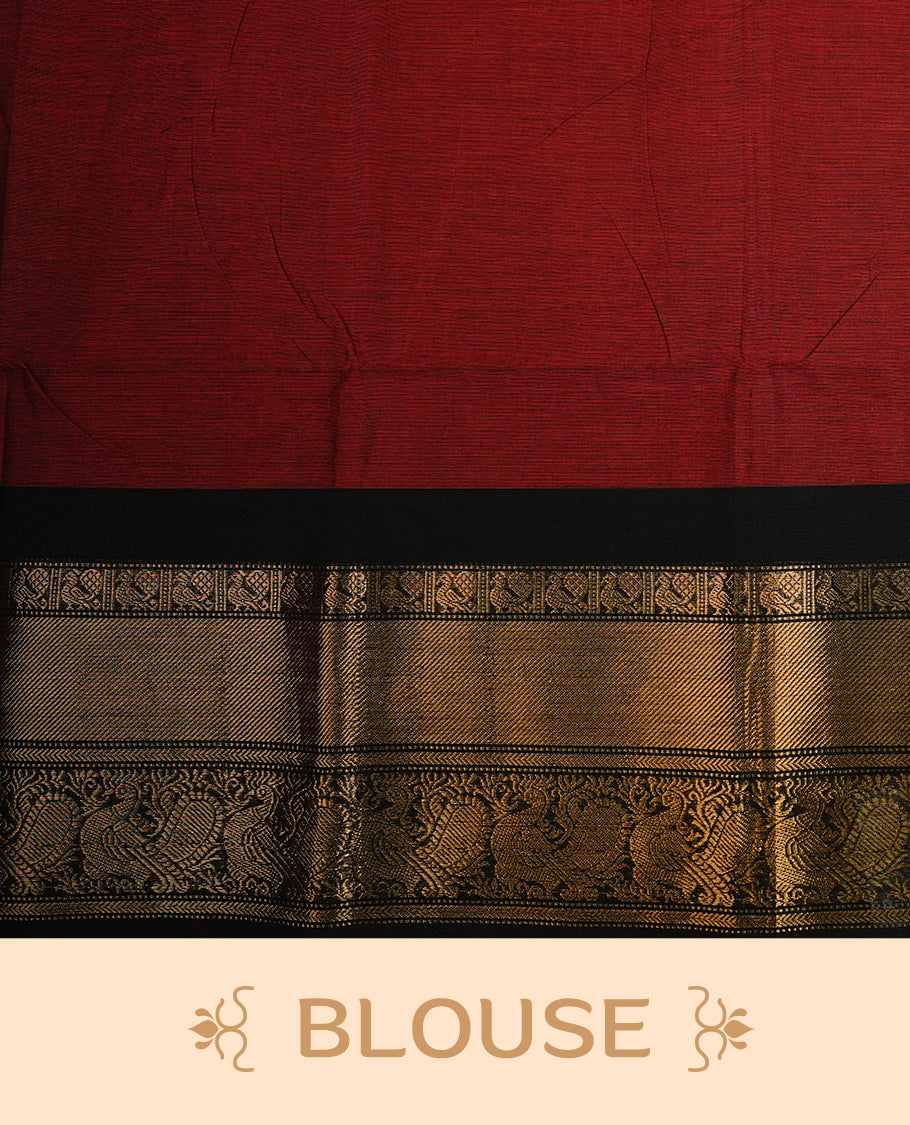 Maroon colour chettinad cotton saree featuring Elegant plain body , complemented by contrast Black colour with traditional Border, paired with matching blouse piece.
