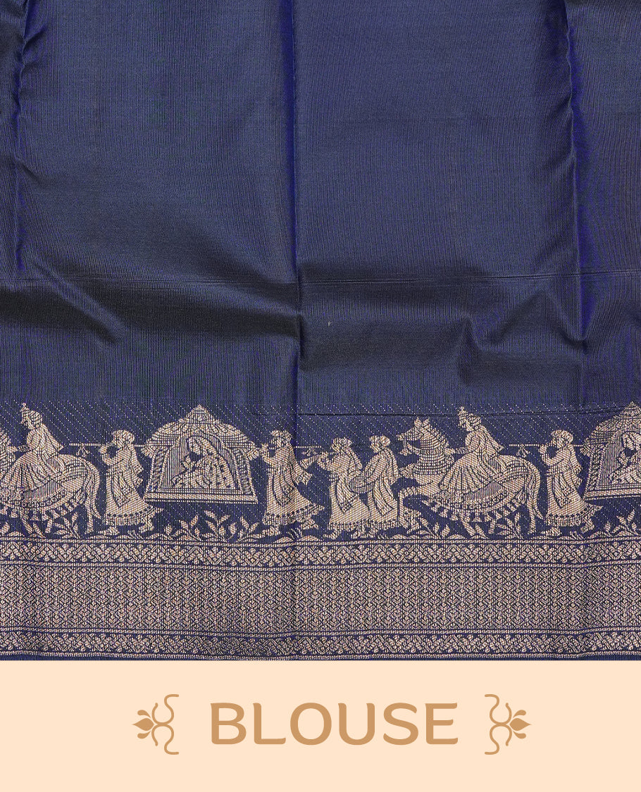 Dark Blue colour Semi wedding silk saree featuring Diagonal stripes on body, enchanced with self colour with gold zari pattern on border, paired with matching blouse piece.