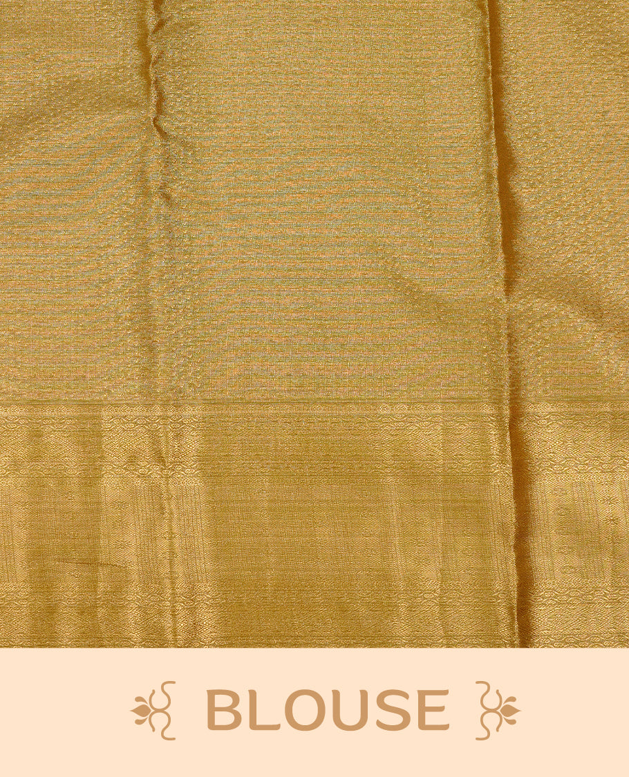 Olive & Gold colour Tissue silk saree featuring Maroon & Silver zari kodi pattern on body, enhanced with Zari border on self colour, paired with matching blouse piece.