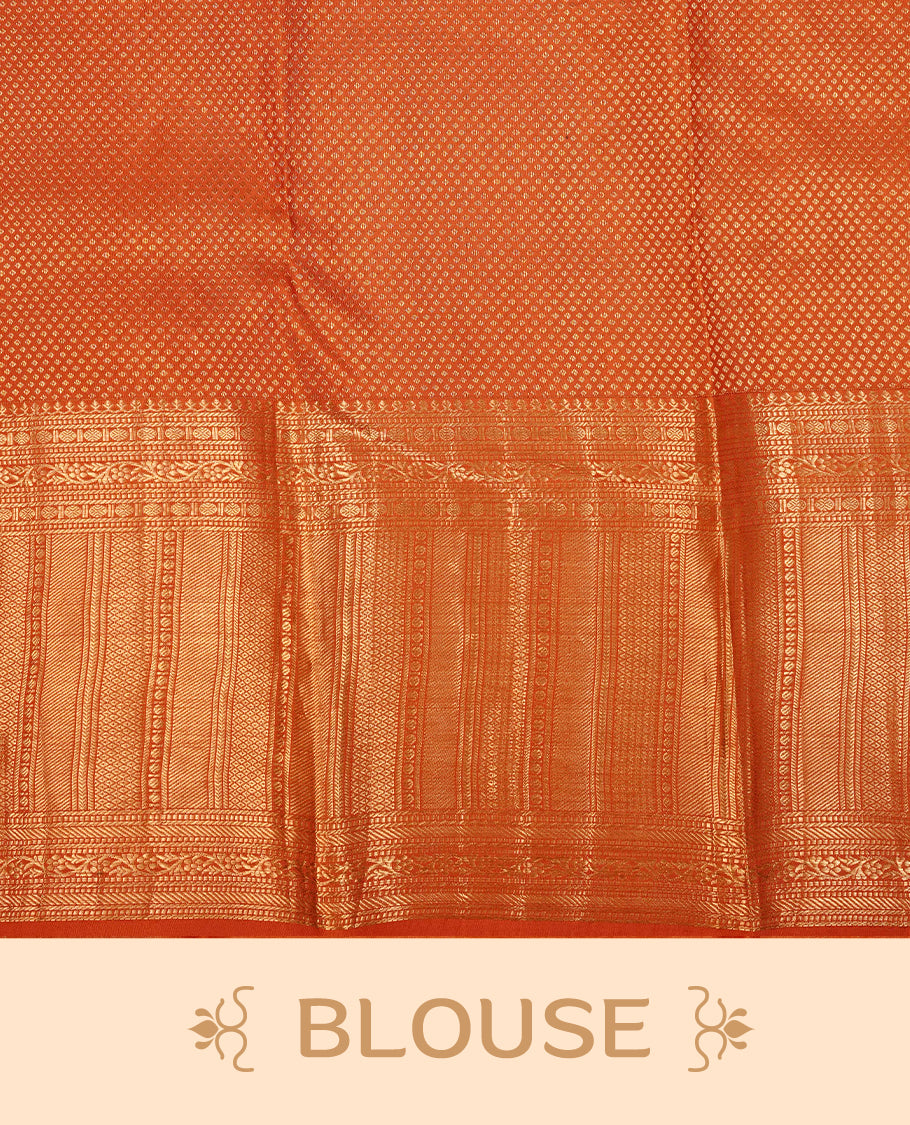 Coral Orange  Colour Pure Kancheepuram Silk Saree Featuring Gold Zari Zig Zag  Pattern on the Body, Highlighting a Traditional Gold Zari Border, Paired with a Matching Blouse Piece.