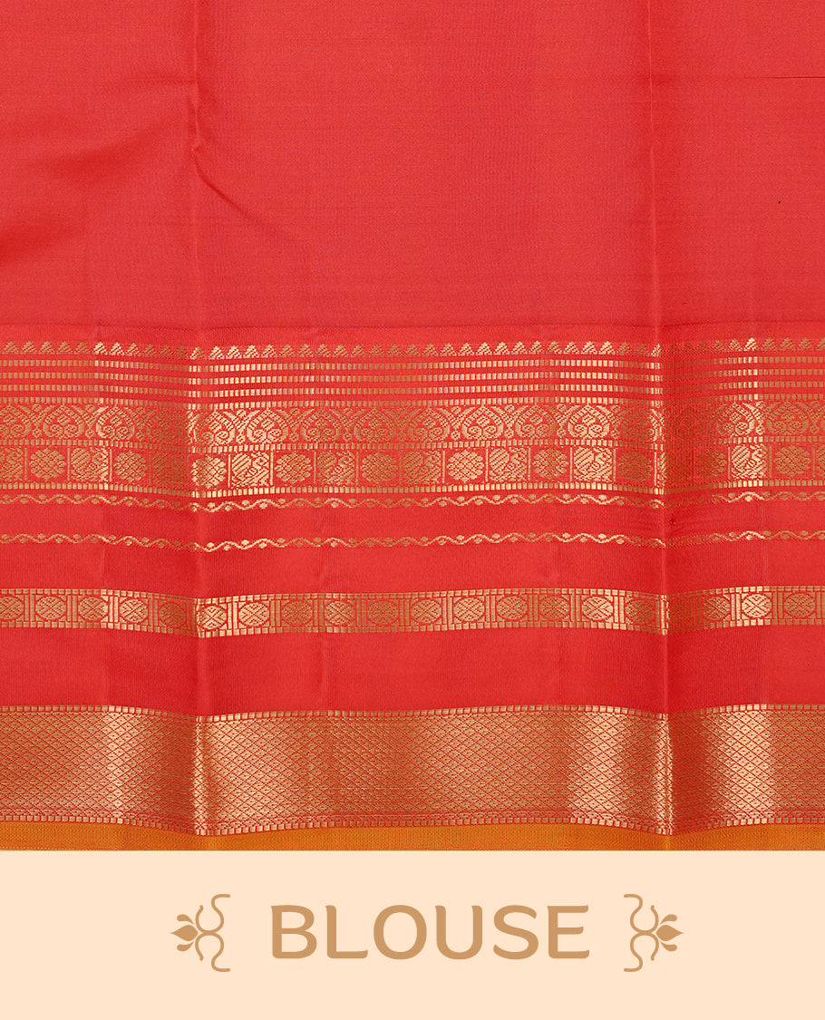 Dark Chocolate colour Traditional Kancheepuram silk saree featuring gold zari motifs on body, enhanced with contrast Red with traditional border, paired with matching blouse piece.