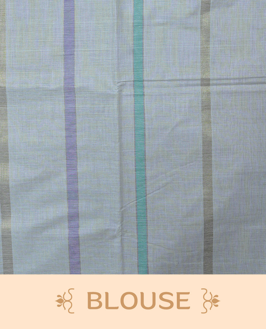 Cream Colour Cotton Kerala Saree Featuring Green & Light Purple Strips On The Body & Pallu, Paired With A Matching Blouse Piece.