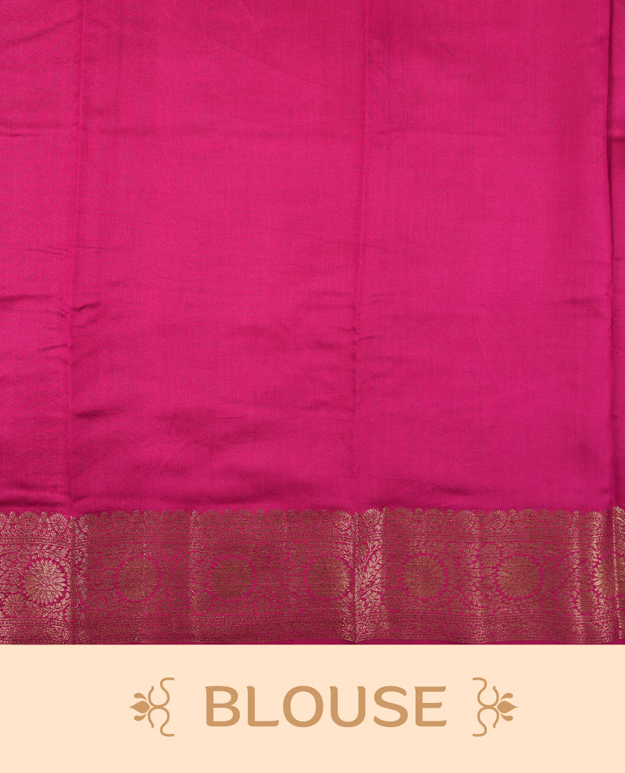Pink Colour Banaras Soft Silk Saree with Gold Zari Diamond Buttas, Intricate Multi-Layered Floral Border, Grand Pallu with Paisley Motifs in Varying Pink and Maroon Tones, and Matching Blouse.