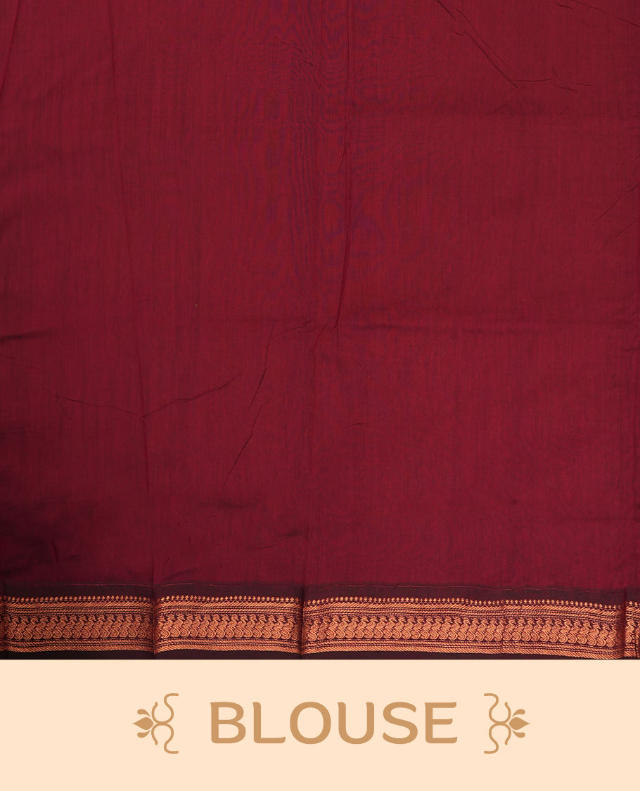 Black colour Kalyani Cotton saree with rich maroon border and pallu, featuring floral copper zari motifs and intricate weaving & includes a matching blouse piece.