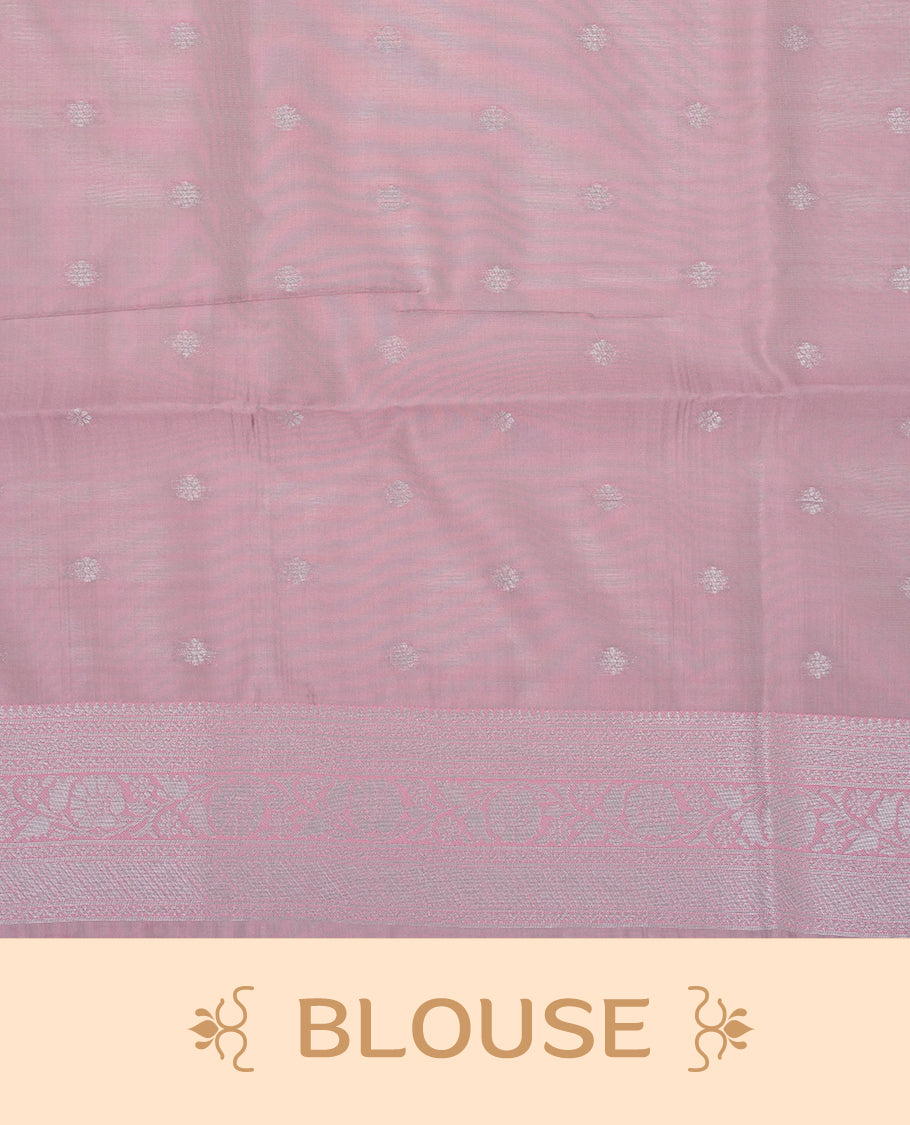 Aqua colour semi silk saree featuring Silver zari Geometric pattern on body, complemented by contrast peach colour with silver zari border, comes with matching blouse piece.