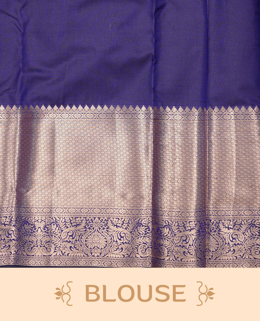 Navy Blue Wedding Silk Saree featuring Gold Zari Check with Motifs On body, Complemented with traditional zari with Self colour border, paired with matching blouse piece.
