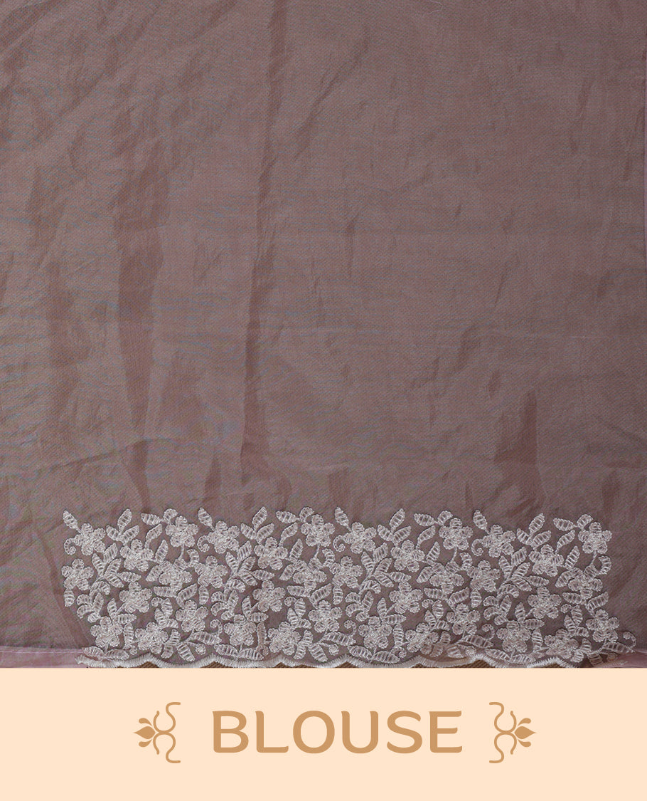 Light Pink colour organza designer saree featuring a subtle self patterned body and an intricately scalloped floral thread embroidered border all around, complemented by a coordinating embroidered pallu and paired with a matching blouse.