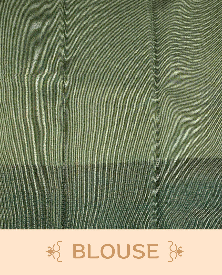 Cream Colour Semi Soft Silk Saree Featuring Gold zari Box With motifs Pattern On Body, Highlighted  by contrast Dark Green border with Gold zari, paired with matching blouse piece.