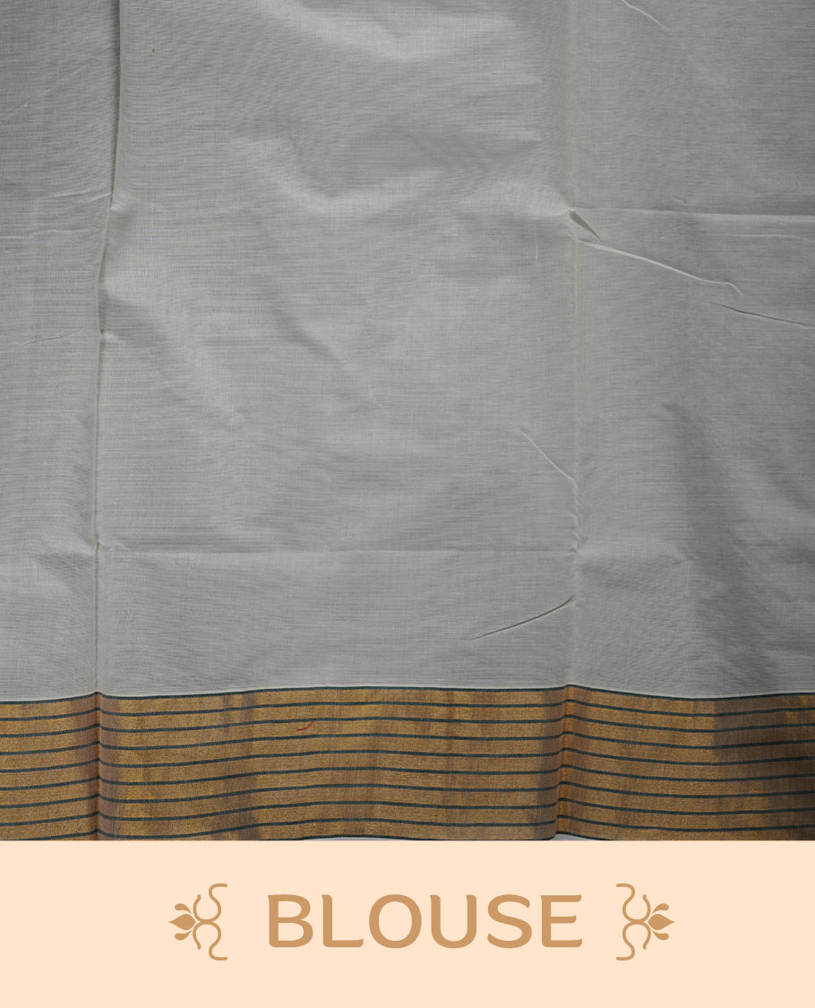 Off white cotton Kerala saree with a plain body and subtle motifs, striped golden zari border, and rich traditional pallu with green accents, paired with a matching blouse.