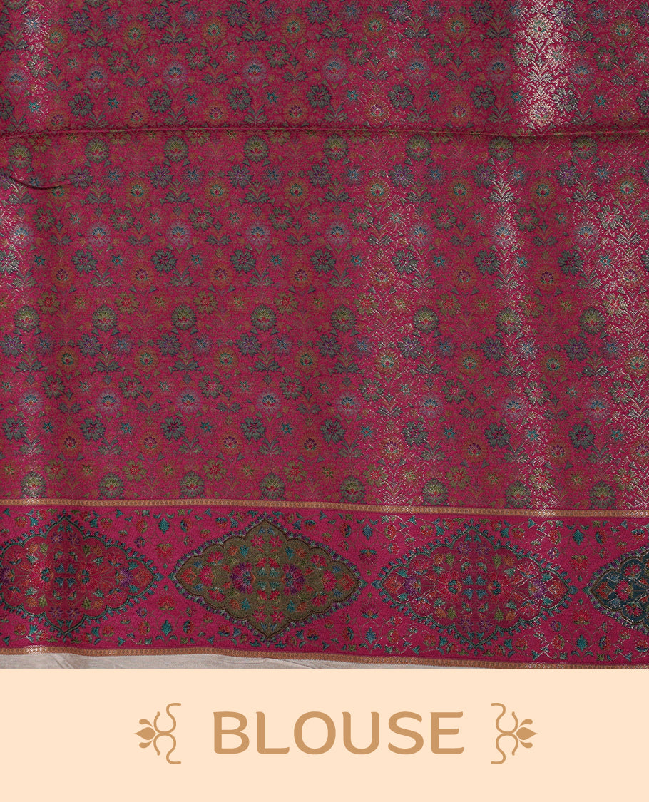 Beige colour Pashmina silk saree intricately woven with Mughal inspired garden scenes and figurative motifs across the body, framed by a rich maroon storytelling border and grand pallu, paired with a coordinated maroon woven jaal blouse piece (Copy)