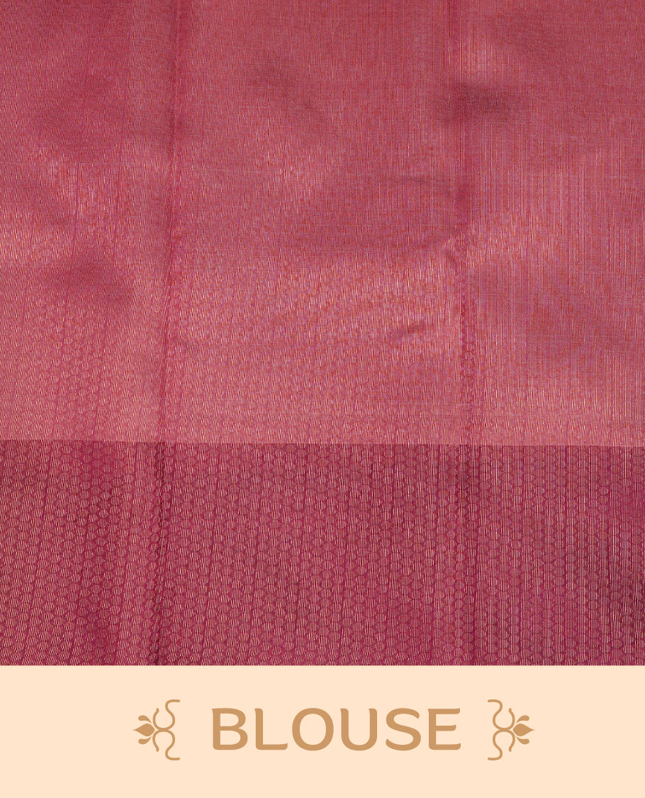 Cream Colour Semi Soft Silk Saree Featuring Gold zari Check With motifs Pattern On Body, Highlighted  by contrast Mauve border with Gold zari, paired with matching blouse piece.