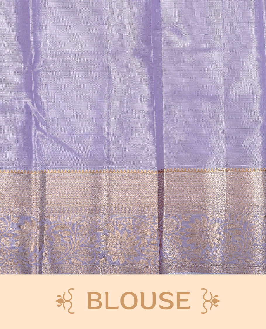 Lavender colour Semi tissue silk saree featuring gold zari kodi floral motifs on body, Self colour with traditional border, paired with matching blouse piece.