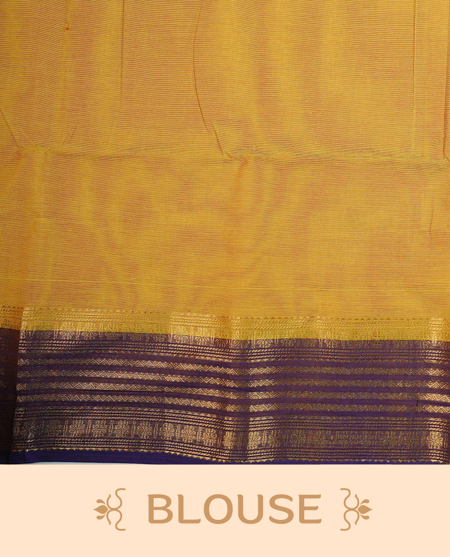 Deep Yellow colour chettinad cotton saree featuring   Plain  body, complemented by Contrast Purple  Colour With Gold Zari border, paired with matching blouse piece.