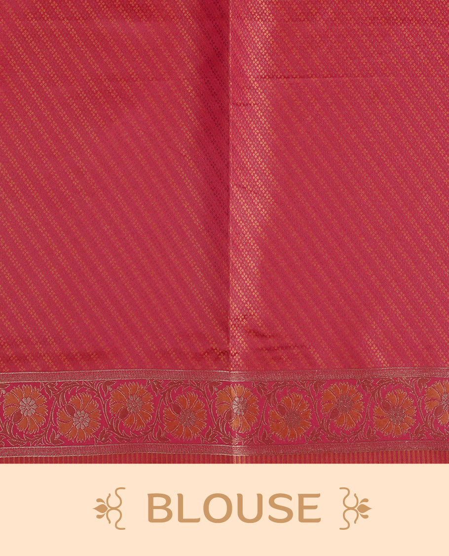 Red colour Mulberry silk saree featuring gold zari elephant & floral kodi pattern across body, complemented by self colour border with gold & orange zari work, comes with matching blouse piece.