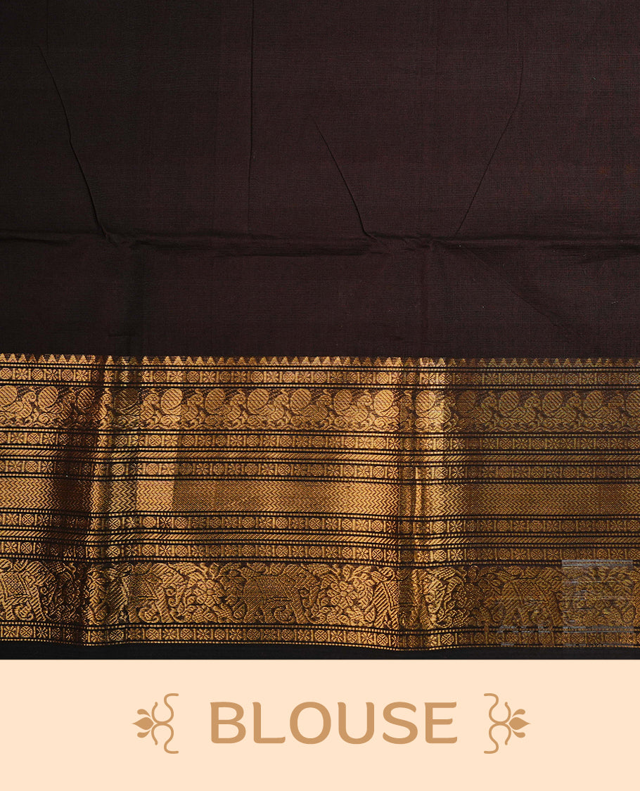 Dark Chocolate  colour chettinad cotton saree featuring  a Plain  body, complemented by Contrast   Colour With A Traditional Gold Zari border, paired with matching blouse piece.