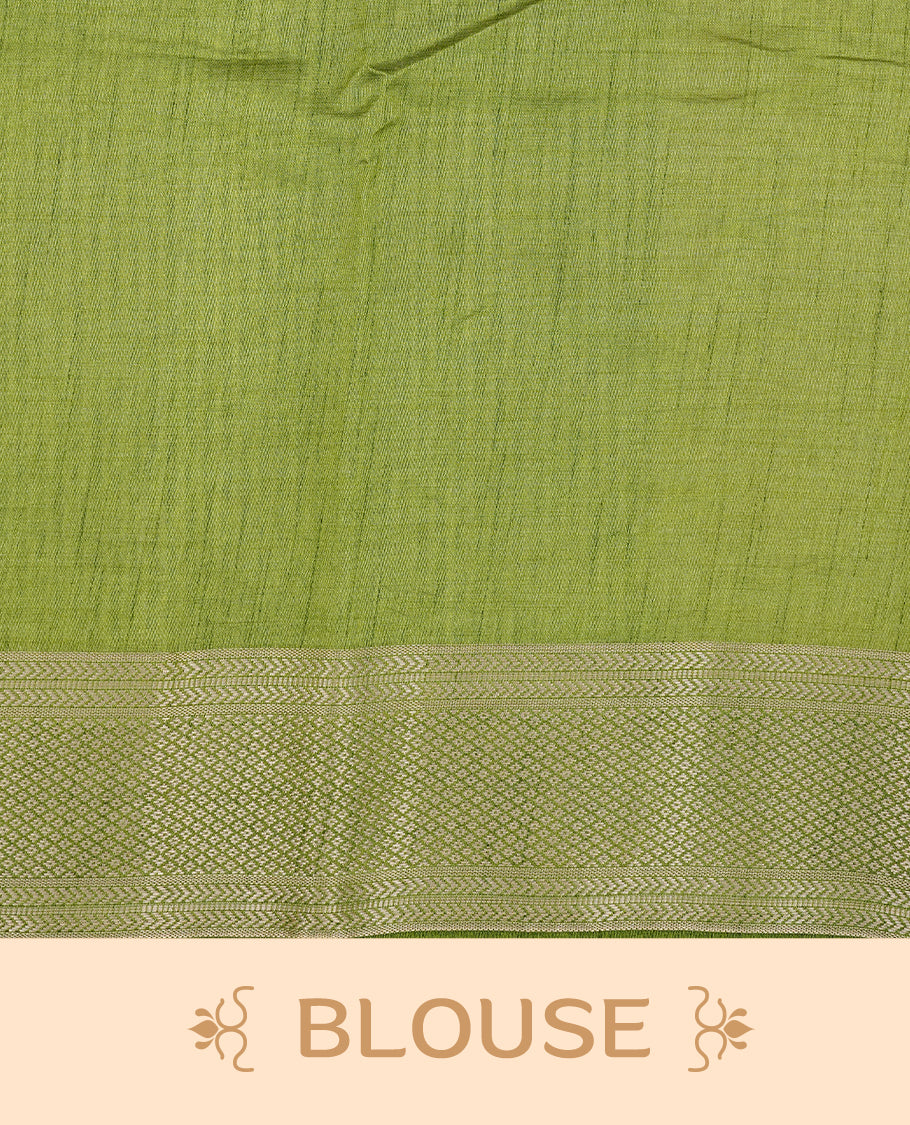 Cream colour Tussar silk saree Featuring Elegant Plain body, complemented by Contrast Light green colour with gold zari border, paired with matching blouse piece.