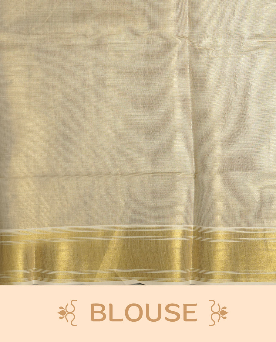 Elegant Light gold colour tissue Kerala saree with gold zari buttas, broad kasavu border, and richly woven traditional pallu, paired with a matching blouse