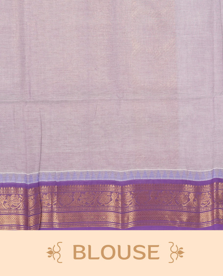 Lavender colour Chettinad cotton saree featuring subtle small motifs on the body, The saree is highlighted with a rich purple zari woven border adorned with floral and geometric patterns & Comes with a matching blouse piece.