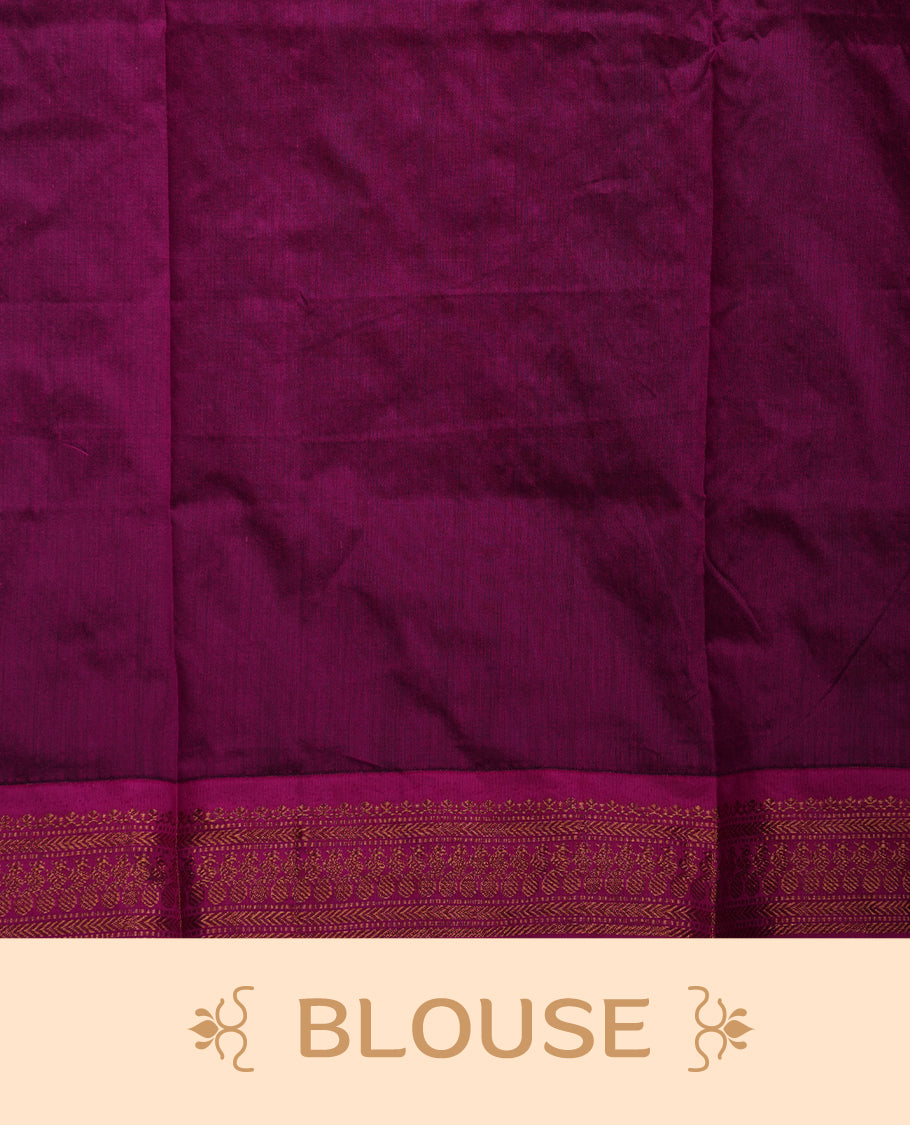 Black colour Kalyani cotton saree featuring delicate zari buttas on the body, complemented by a magenta zari border and woven pallu, paired with a matching blouse.