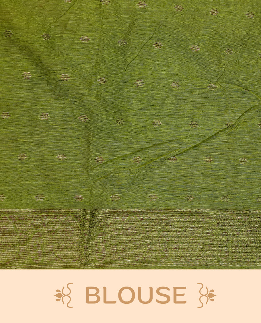 Dark Red colour semi linen saree with elegant gold zari Leaf motifs across the body, complemented by a contrast green colour with grand gold zari pallu and a borderless design, paired with a matching blouse piece.