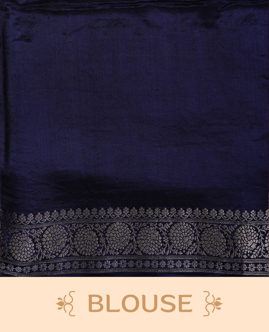 Blue colour banaras crepe saree featuring gold & silver zari design stripes on body, complemented by self colour border, paired with matching blouse piece.