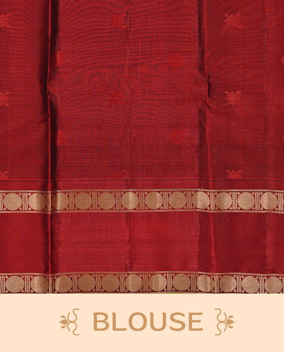 Green colour Traditional Kancheepuram silk saree featuring gold zari motifs on body, enhanced with contrast Red with traditional with Olive piping border, paired with matching blouse piece.