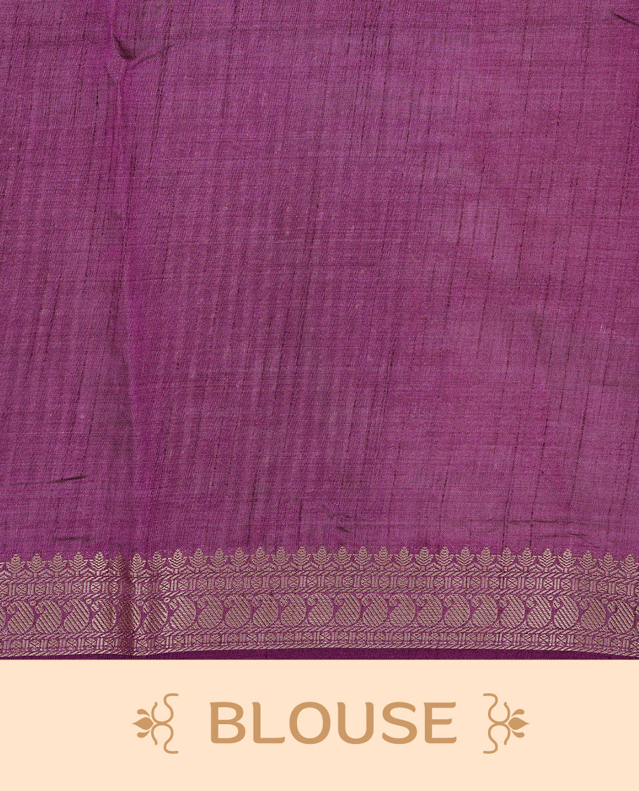 Cream colour Tussar silk saree Featuring Elegant Plain body, complemented by Contrast Purple colour with gold zari border, paired with matching blouse piece.