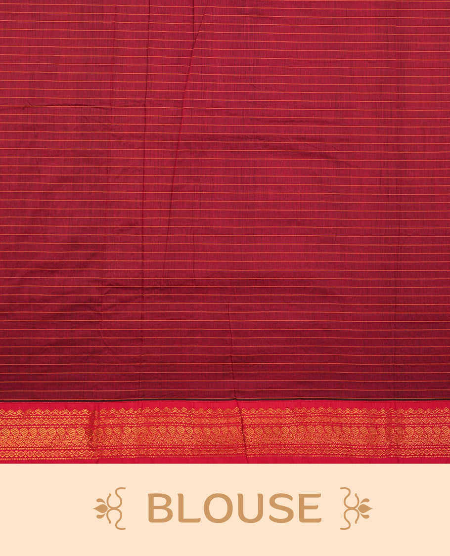 Lavender coloured mixed Kalyani cotton saree featuring copper zari checks on the body, complemented by a red coloured border and burnt red colourpallu adorned with copper zari patterns, Paired with a matching blouse.