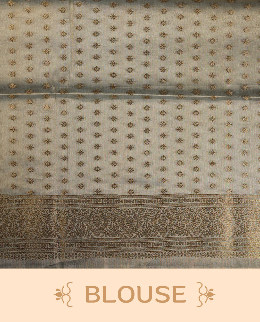 Olive & Gold double shade colour tissue banaras silk saree featuring antique gold zari motifs on the body with rich traditional zari border and pallu, paired with a matching blouse piece.