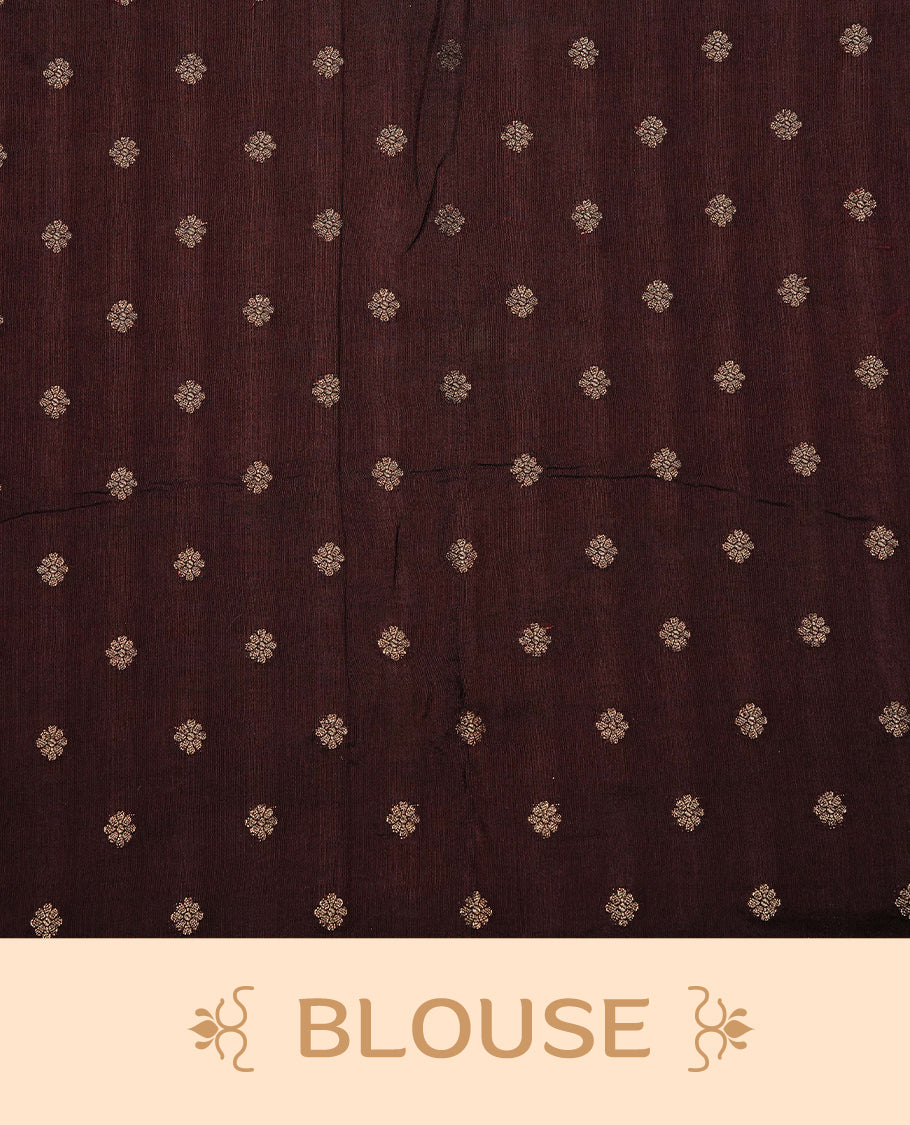 Semi Banaras Tussar Saree Featuring Gold Zari Check With Floral Pattern On Body , Chocolate Brown Colour  With Gold Zari Border , Paired With  A Matching Blouse Piece.