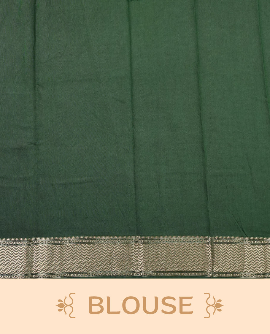 Green colour Viscos semi printed saree featuring a light golden zari border, abstract white printed motifs on the body, and comes with a matching blouse