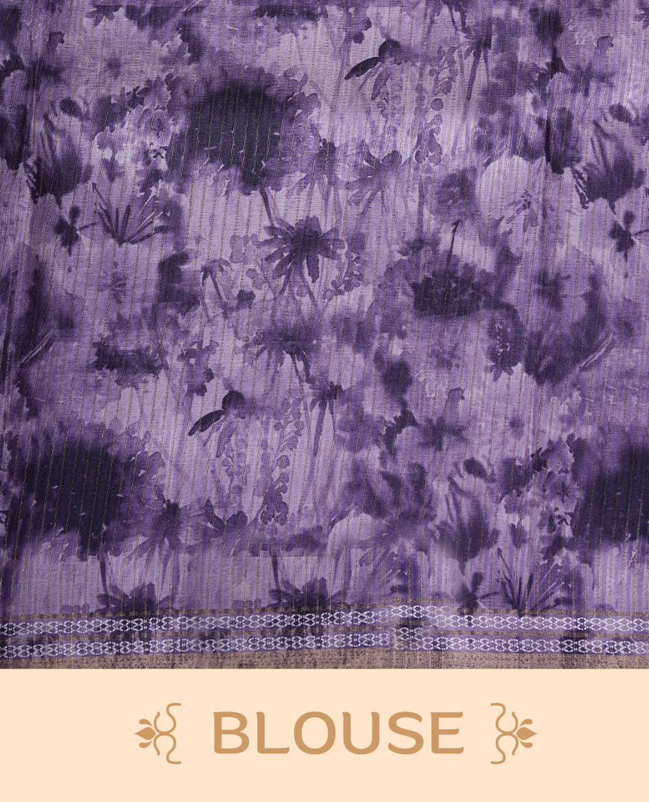 Aqua green colour semi tussar silk saree featuring an abstract digital floral printed body with a rich purple self border and tasselled pallu, paired with a matching blouse.