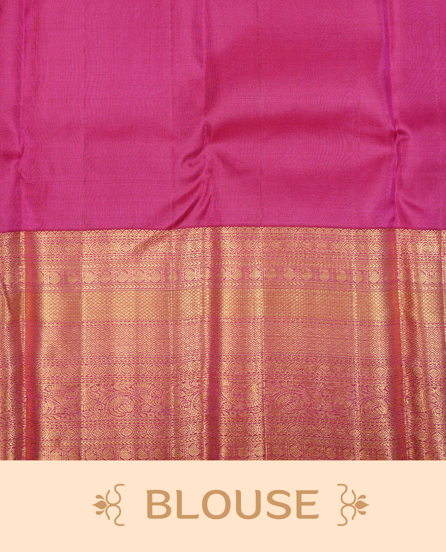 Magenta Colour Pure Kancheepuram Silk Saree Featuring Gold Zari Floral Kodi Pattern on the Body, Highlighting a Traditional Gold Zari Border, Paired with a Matching Blouse Piece.