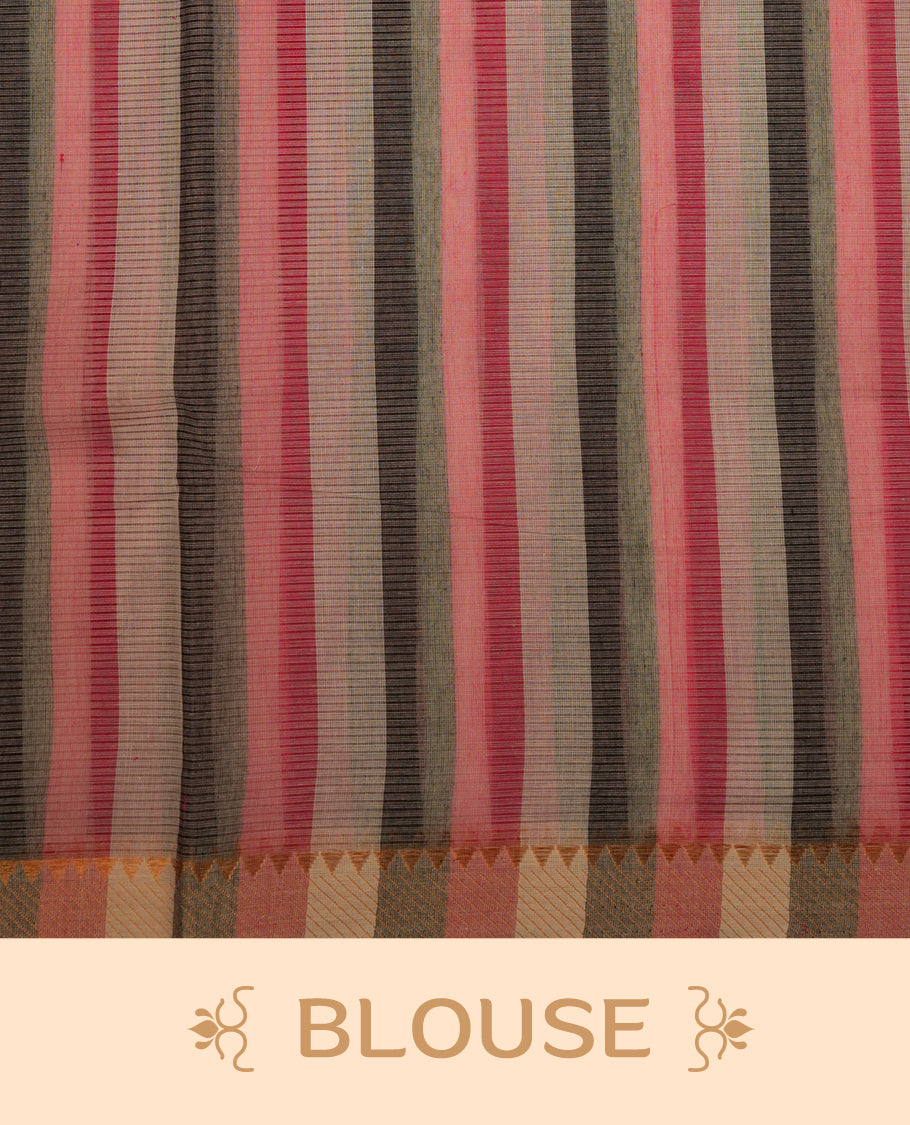 Pink ,White & Black Colour Mangalagiri Cotton Featuring Contrast stripes On Body, Complemented By Gold Zari border & Contrast Pallu ,Paired With Matching Blouse Piece.