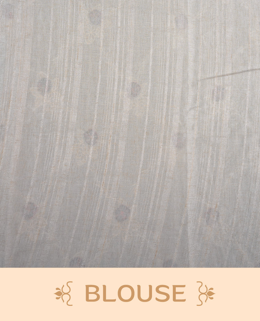 Cream colour semi tuseer silk saree featuring with Self colour thread embroidery kodi pattern & brown colour floral thread motifs all over body, pallu, and paired with matching blouse piece.