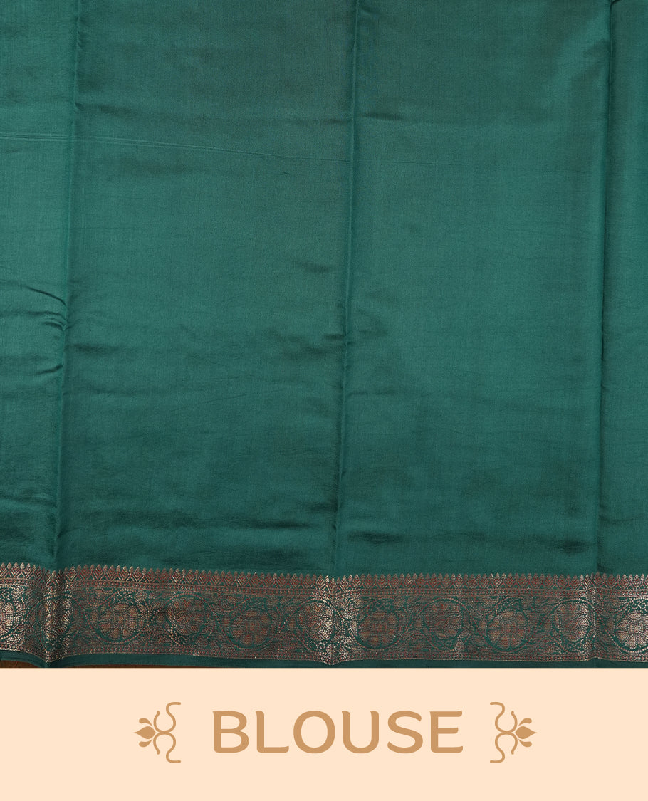 Mustard Yellow Colour Banaras Soft Silk Saree with Gold Zari Oval Buttas, Intricate Multi-Layered Floral Border, Grand Pallu with Ornate Lotus and Vine Motifs in Teal and Gold Tones, and Matching Teal Blouse.