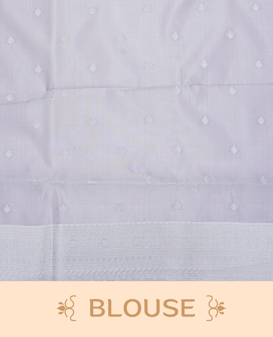 Sea green colour semi silk saree featuring Silver zari Floral pattern on body, complemented by contrast Lavender colour with silver zari border, comes with matching blouse piece.