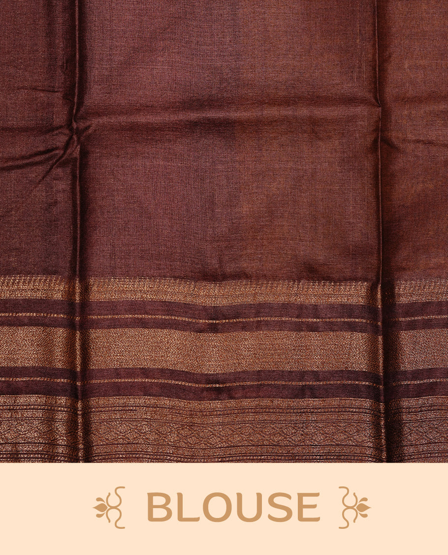 Mustard colour Pure Banaras Tussar silk saree Featuring Gold zari buttas on body, complemented by Contrast Chocolate colour with zari border, paired with matching blouse piece.