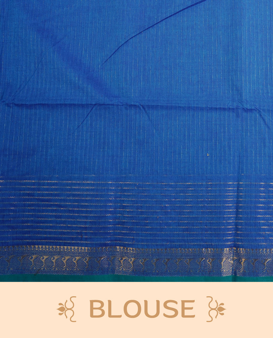Blue colour chettinad cotton saree featuring Gold zari Stripes on body. complemented by Gold zari stripe & Mango patterned border with Teal piping, paired with matching blouse piece