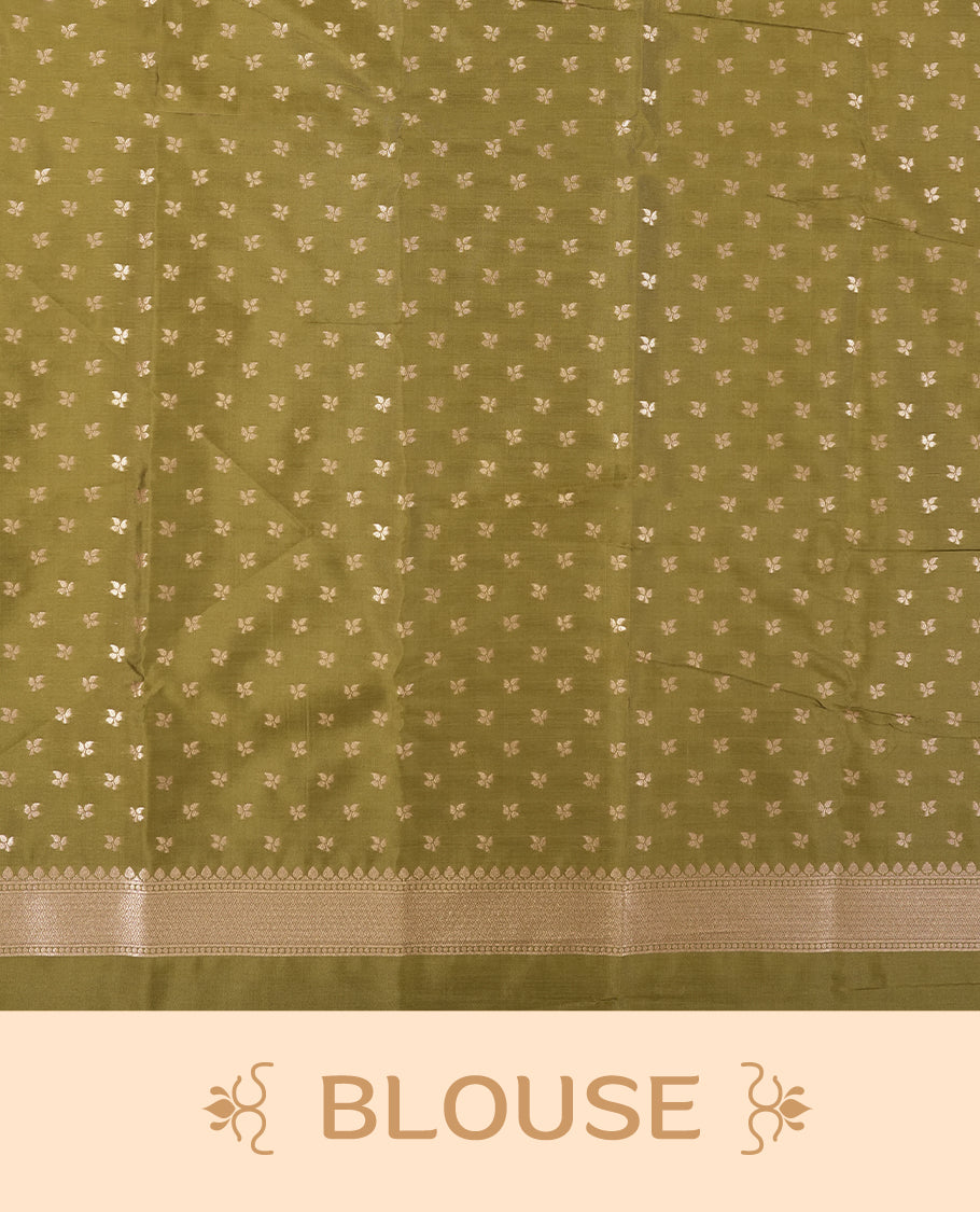 Olive Green colour Semi Silk Saree with Rose Gold Satin-Finish Pallu Featuring Bold Leaf Motifs, Geometric Zari Edging and Tassels, Paired with Coordinated Blouse Piece