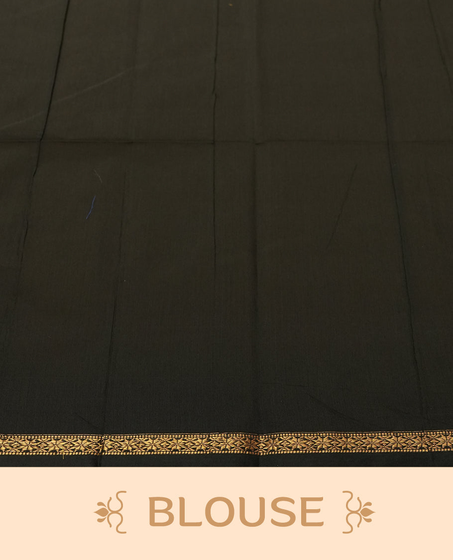 Mustard Yellow and Charcoal Black Colour silk-cotton saree with tiny zari star buttas, black pallu with pinstripes and buttas, slim antique-gold borders, and a plain black blouse accented with matching zari border
