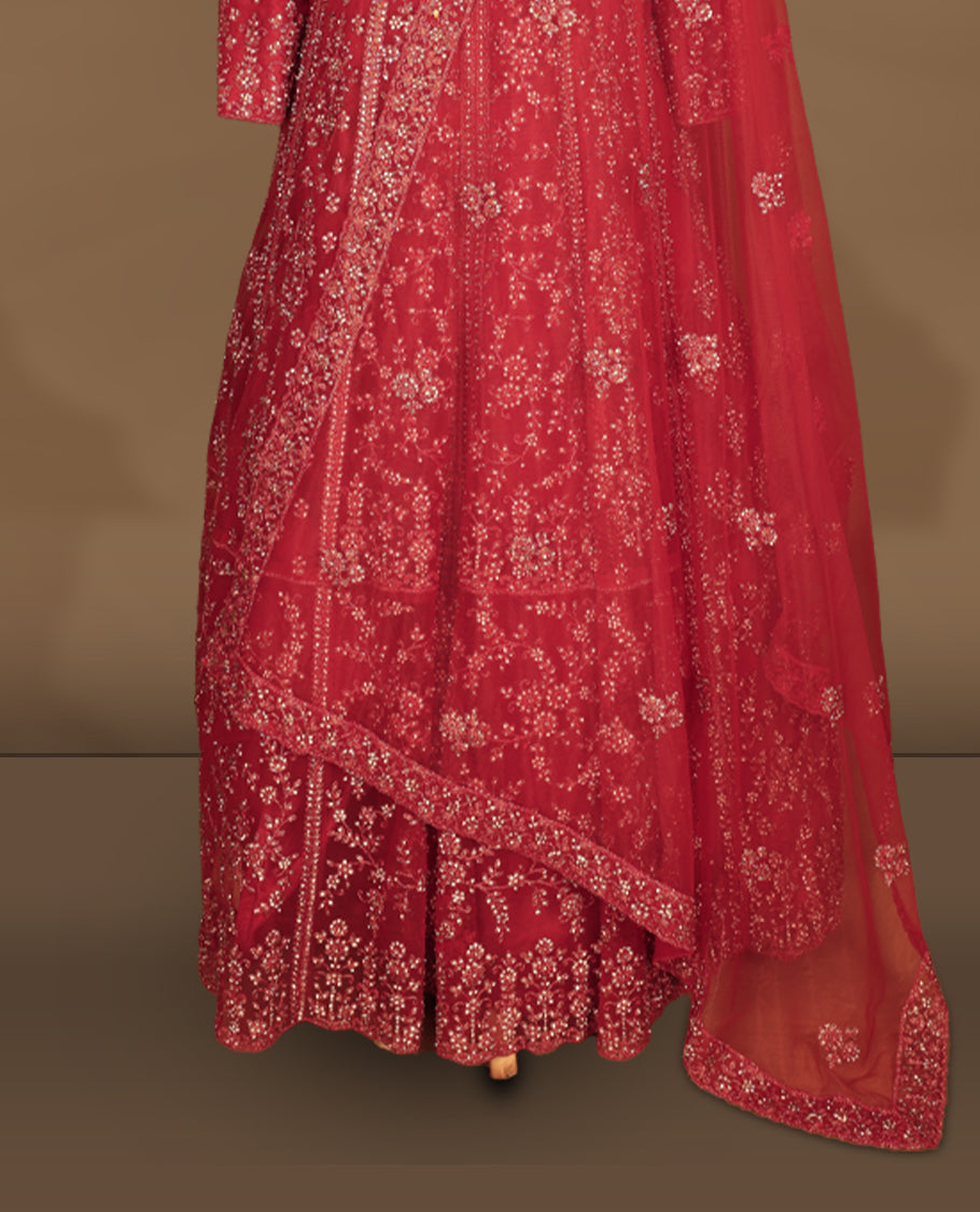 Deep red colour fully embroidered stitched gown set with V‑neckline, full sleeves, all‑over sequin and bead floral work, and matching net dupatta with heavily embellished border.
