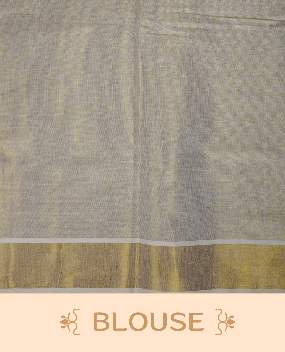 Off-white colour tissue Kerala saree with an elegant gold kasavu border, adorned with antique gold peacock and paisley motifs across the body and pallu, paired with a matching blouse.