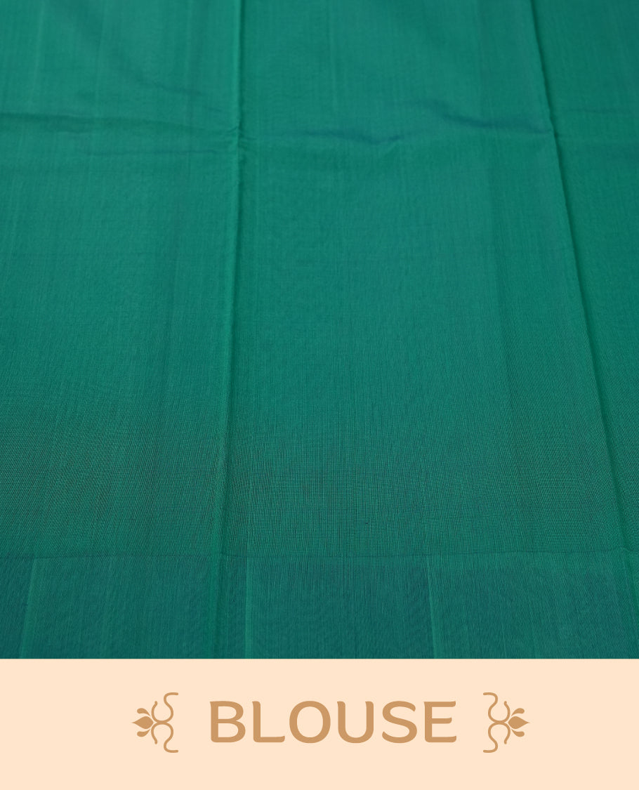 Aqua Green colour pure handloom cotton saree featuring fine golden stripes with delicate motifs, paired with a rich zari blue border for a traditional yet elegant look, perfect for graceful occasions & Comes with matching blouse.
