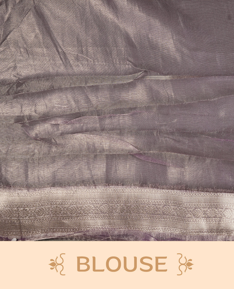 Lavender & silver double shade pure banaras tissue silk saree featuring silver zari pattern & stripes on body, complemented by silver zari traditional border, paired with matching blouse piece.