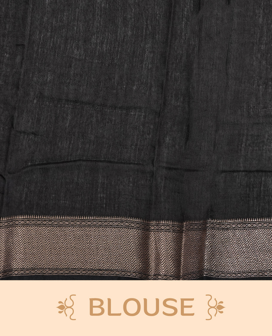 Off White colour Viscos semi printed saree featuring a light golden zari border, abstract black printed motifs on the body, and comes with a matching blouse