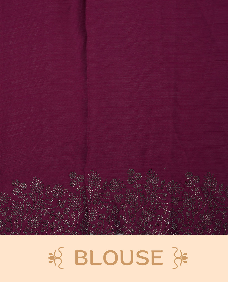 Dark Purple Colour Chiffon Designer Saree featuring Delicate White Stone Work All Over the Body, with Stone Detailing on the Border and Pallu, paired with a Matching Blouse.
