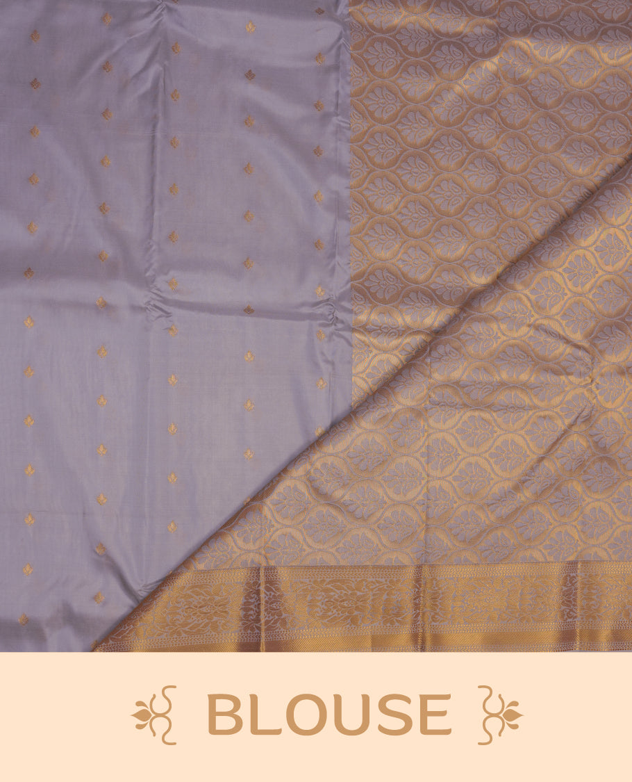 Violet colour shirt and dhoti with gold colour border, paired with matching colour silk saree featuring gold zari buttas and traditional border paired with matching blouse piece.
