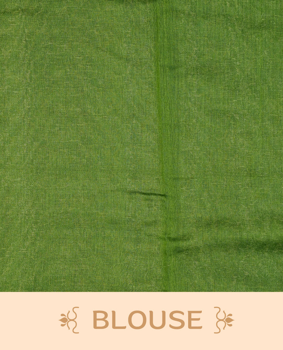 Pista green colour banaras silk saree featuring gold zari buttas on body, complemented by contrast Dark green with gold zari border, comes with matching blouse piece.