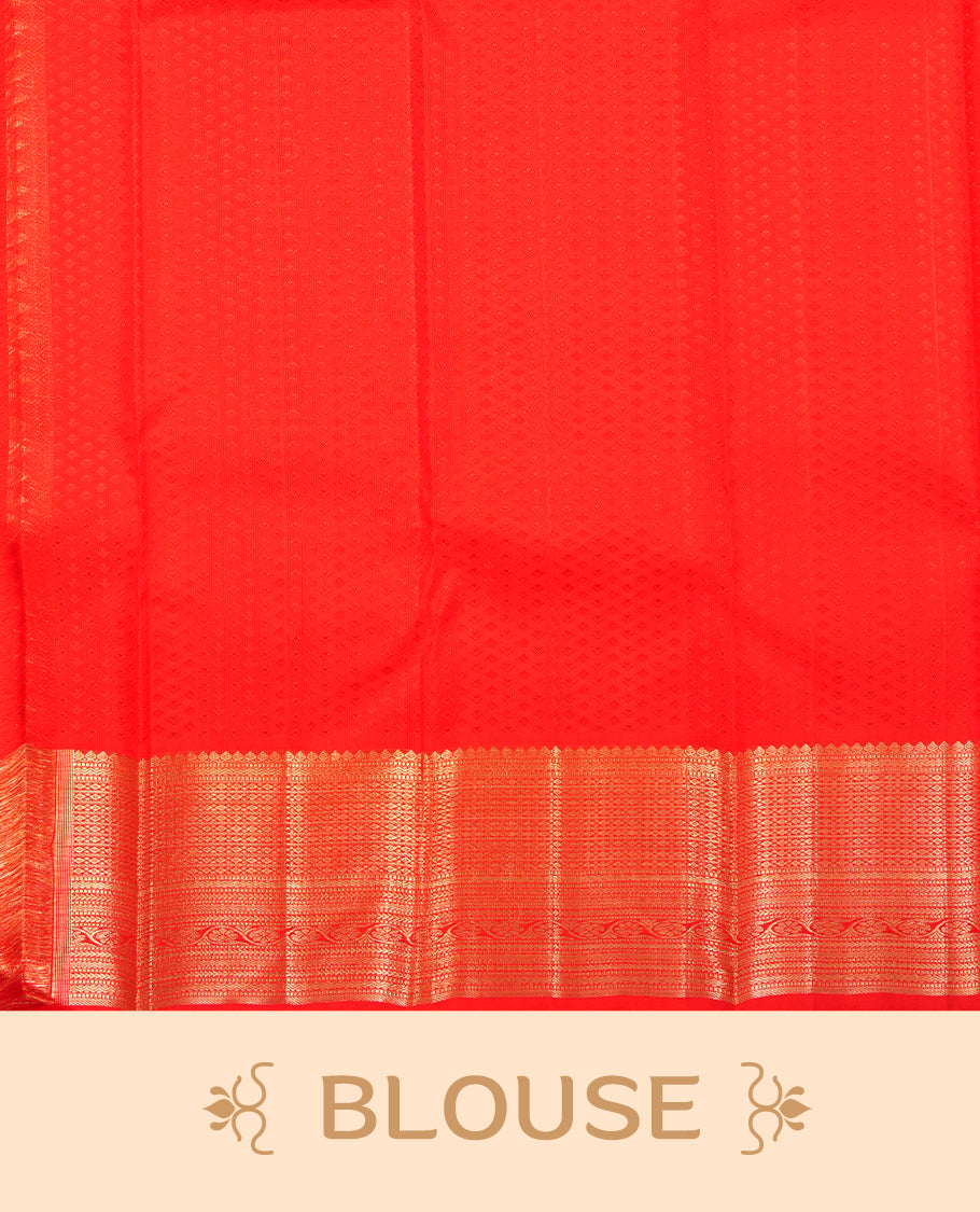 Bright red colour Kanchipuram Samudrika Silk Saree featuring Floral kodi  strip pattern weaving with gold zari jacquard and a traditional zari border, paired with a matching designer jacquard blouse piece